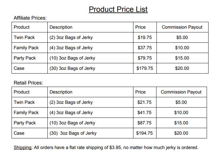 jerky direct pricing list